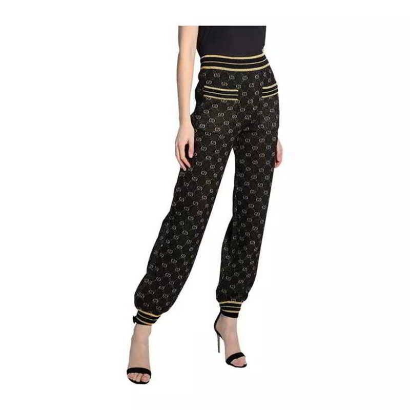 【包邮包税】gucci/古驰 古琦女裤 经典双g 女士黑色羊毛时尚束脚休闲