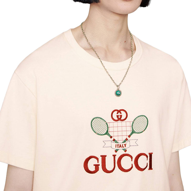 gucci/古驰 古琦女装 经典双g 网球拍装饰 女士浅粉色棉质短袖t恤