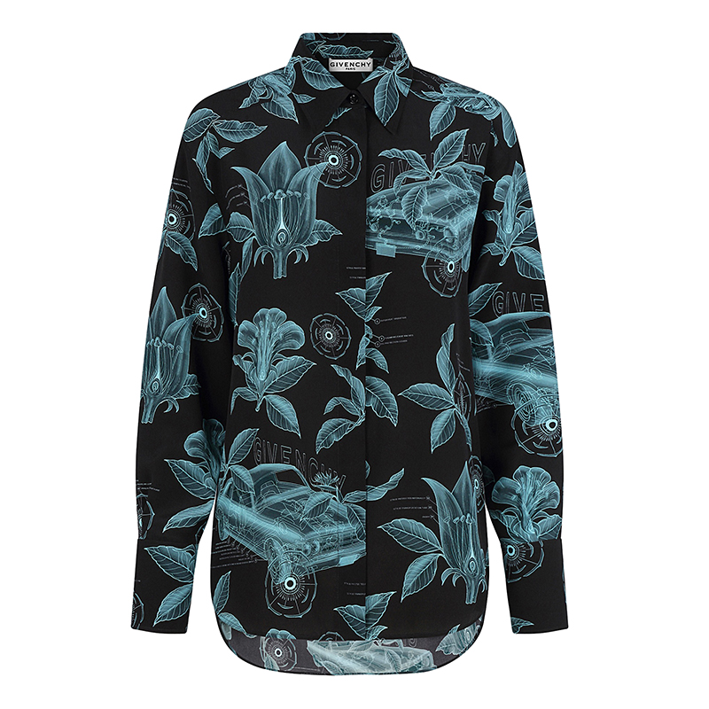 【包税】Givenchy/纪梵希 2021年早春新款 蓝色花卉Schematics印花 女士黑色双绉长袖衬衫BW60T01Z26-005