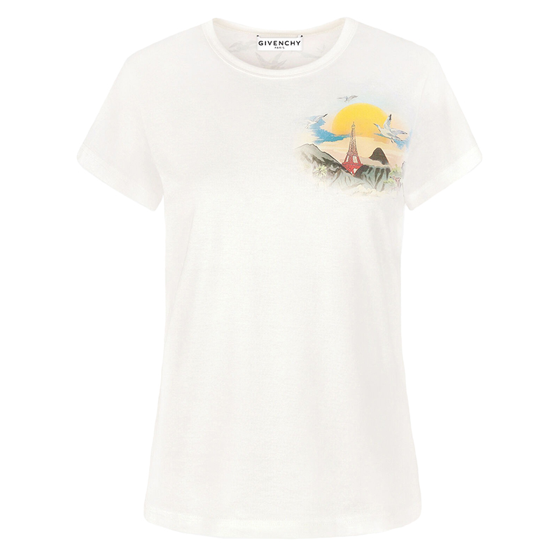 【包税】Givenchy/纪梵希 2021年早春新款 胸前和背面饰有多色GIVENCHY Island印花 象牙白色针织T恤BW707Y3Z4P-105