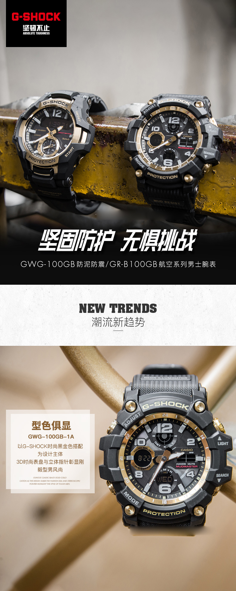 CASIO/卡西欧G-SHOCK手表光能电波泥王时尚潮流男表GWG-1000GB-4APR