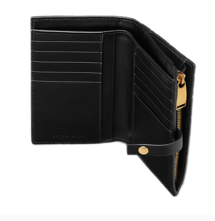 bottega veneta/葆蝶家 女士黑色皮革经典编织款按扣开合钱夹钱包卡包