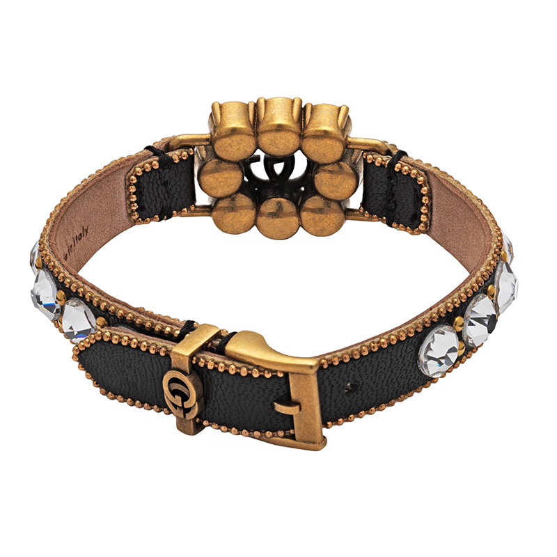 【包税】gucci/古驰 2021年春夏新款 镀金的金属 双g水晶棕色皮革手链