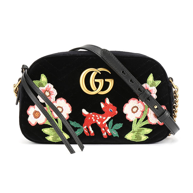 gucci/古驰黑色丝绒小鹿刺绣相机包男女通用斜挎包 447632dtdit at