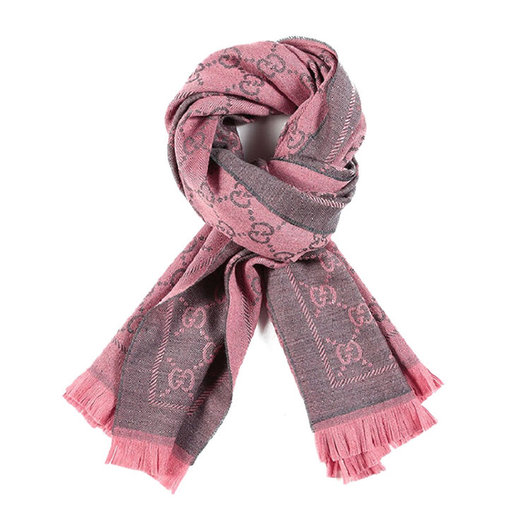 gucci/古驰围巾男女同款经典双g提花图案流苏披肩羊毛围巾