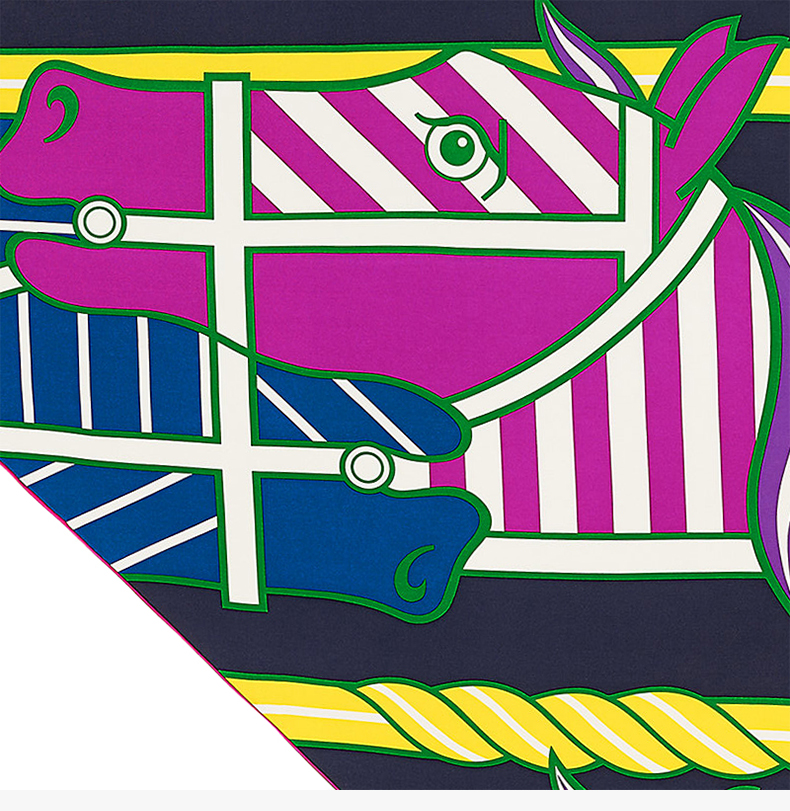 hermes/爱马仕 女士拼色真丝斜纹手工卷边四马两轮马车印花大三角形