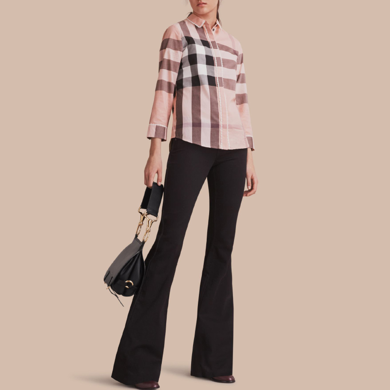 burberry/博柏利 女士粉色长袖格纹衬衫 带白色细蕾丝边设计 40503901