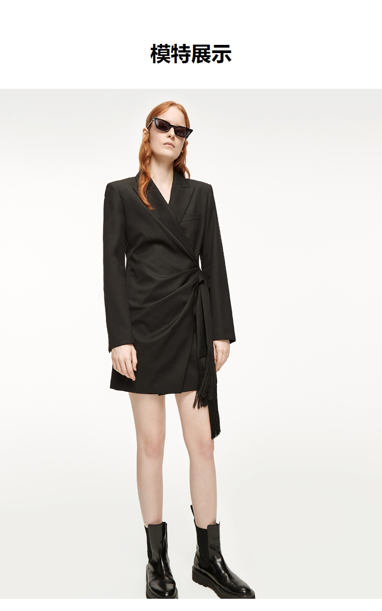 摩安珂女士连衣裙2020冬季新品廓形感收腰流苏西装式连衣裙mbo4drs