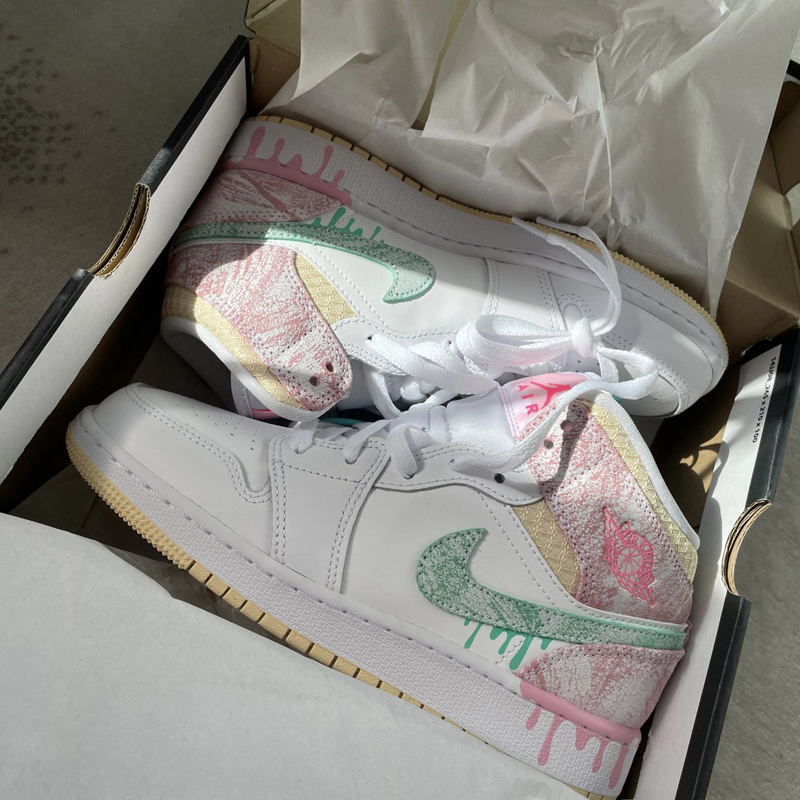 nike/耐克 air jordan 1 mid 女款 aj1 冰淇淋粉 油漆 白粉 马卡龙 中