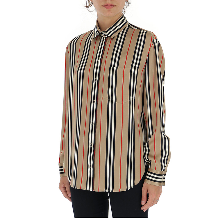 burberry/博柏利 米黄色条纹 超长款真丝 女士长袖衬衫 8011074
