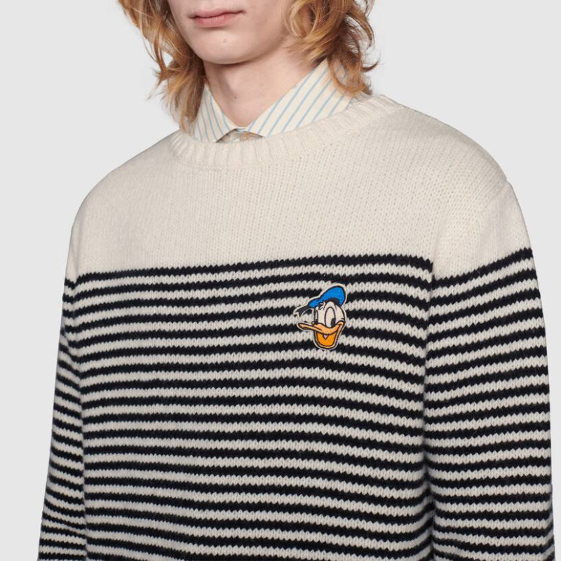 【预售】gucci/古驰 disney x gucci唐老鸭帖饰条纹羊毛毛衣 蓝白条纹