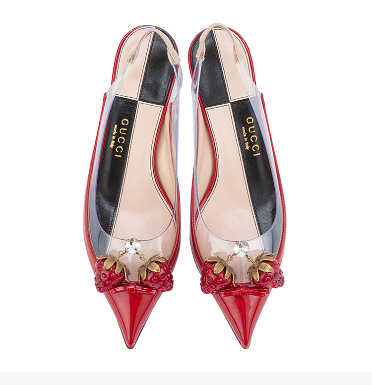 gucci/古驰 ss20 女士皮质草莓装饰尖头细跟凉鞋高跟鞋浅口女鞋 女士