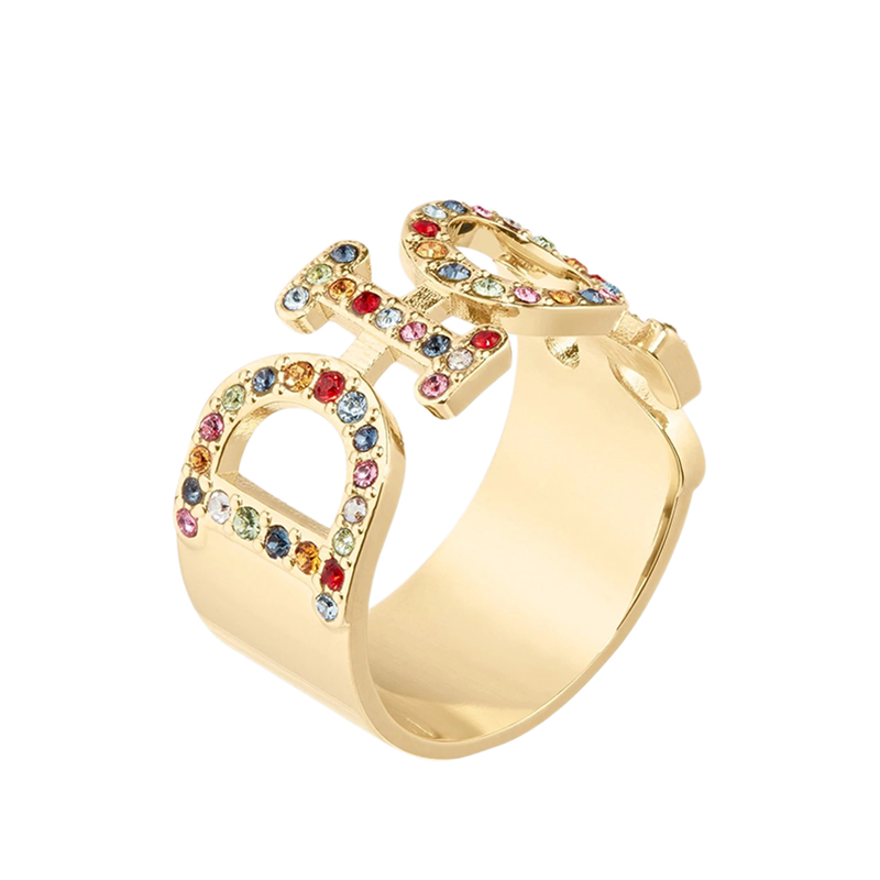 21早春新款dio(r)evolution系列 镀金金属镂空"dior"镶嵌彩色水晶戒指