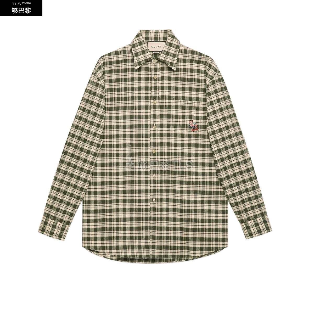 【包邮包税】 gucci古驰 21年春夏 男士 饰猫咪贴饰格纹棉质衬衫
