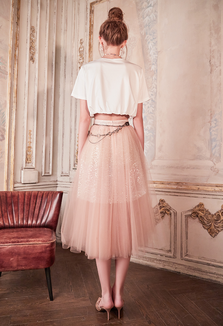 粉色网纱珠花蕾丝半身网纱裙 女士半身裙