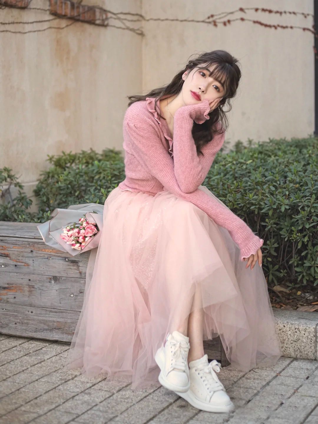 粉色网纱珠花蕾丝半身网纱裙 女士半身裙