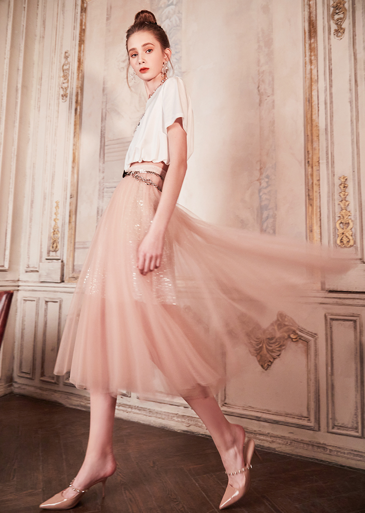 粉色网纱珠花蕾丝半身网纱裙 女士半身裙