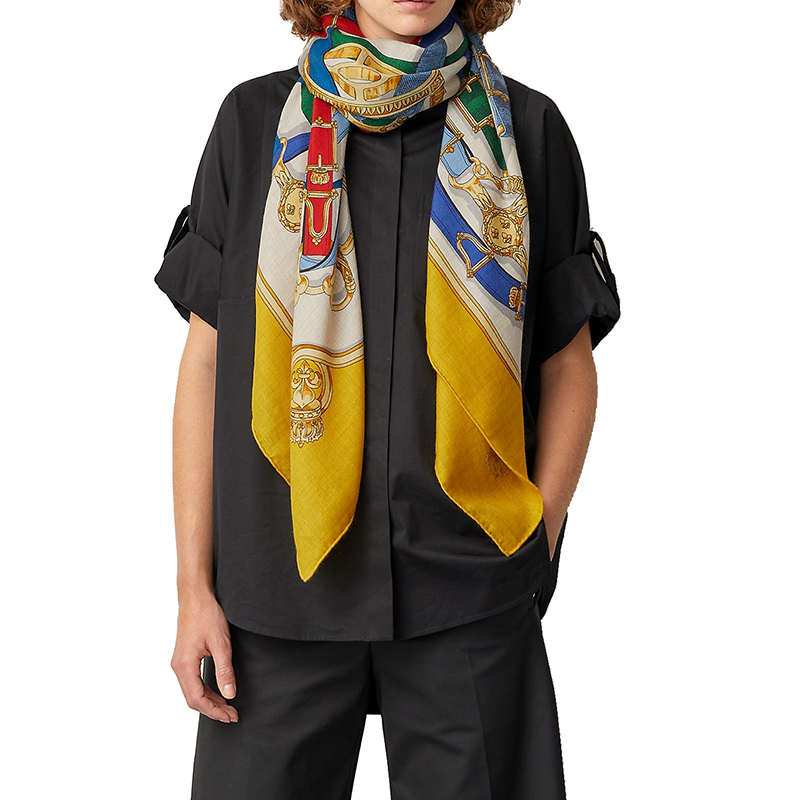 【包税】hermes/爱马仕 披肩140骑兵 女士天然/黄色/彩色羊绒真丝围巾