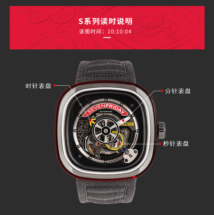 【买赠防水背包】sevenfriday/sevenfriday 飞行元素登向快乐寺库限量款自动机械表S1-03 灰色