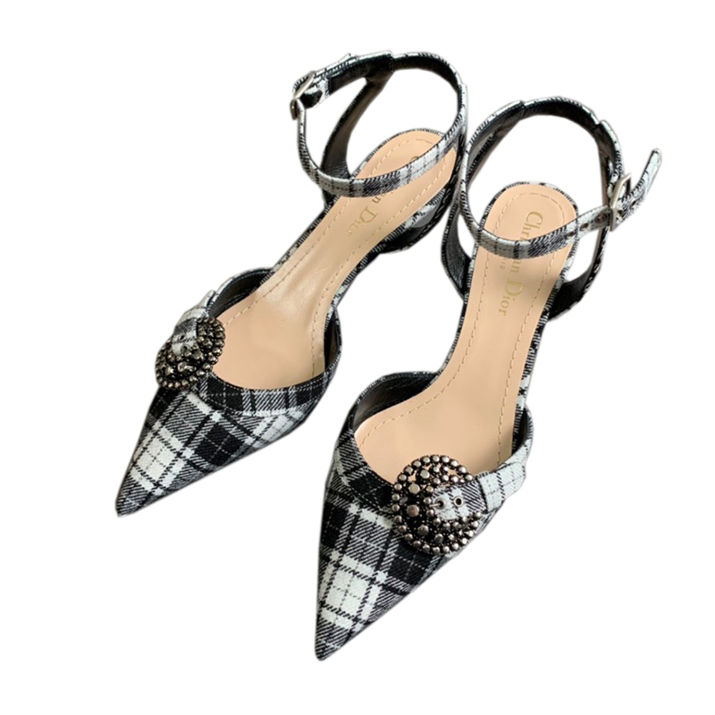 dior/迪奥 女士白色格纹绑带尖头鞋中跟鞋 8989230 ay