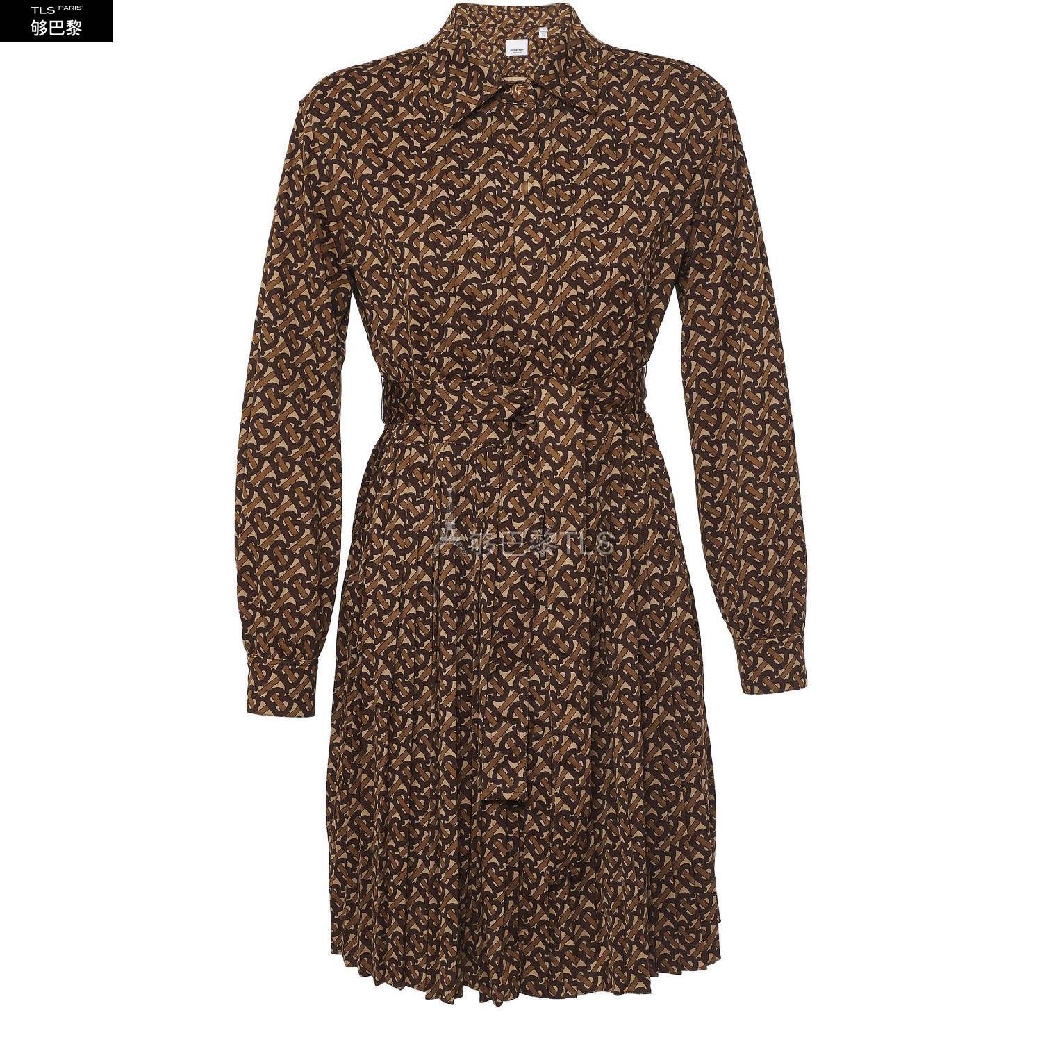 【包邮包税】 burberry 21年春夏 女士 连衣裙 交织字母印花褶裥束腰