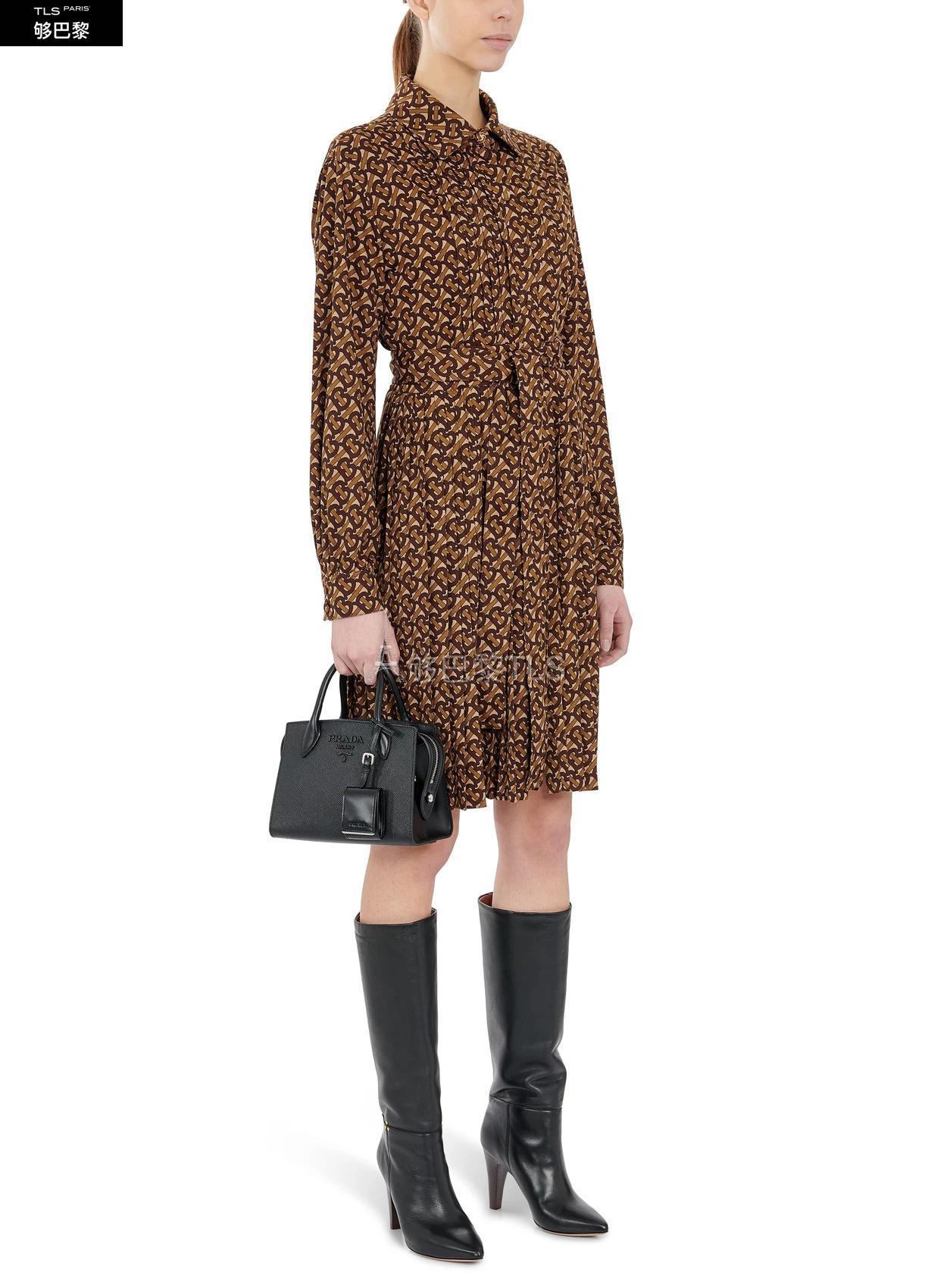 【包邮包税】 burberry 21年春夏 女士 连衣裙 交织字母印花褶裥束腰