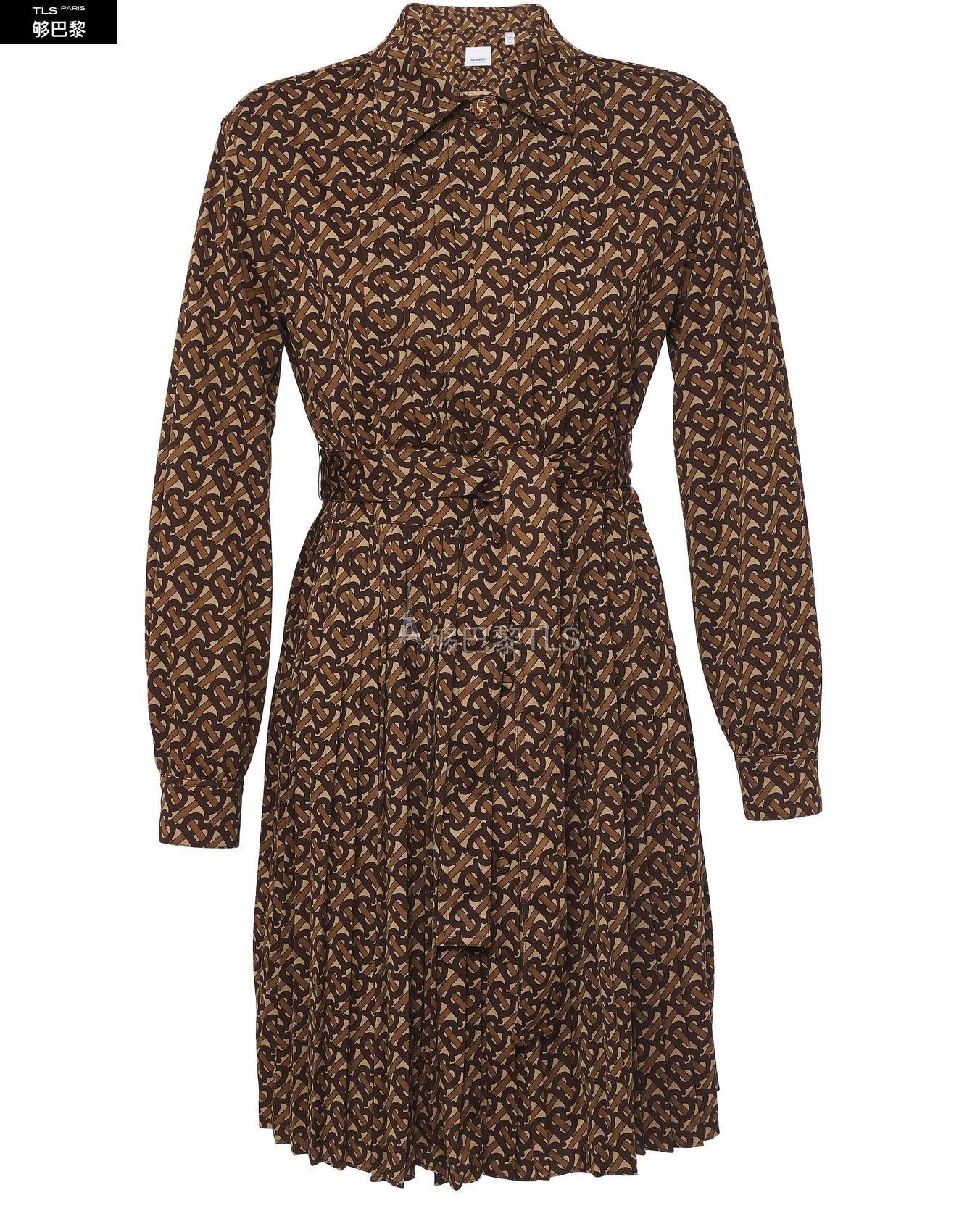 burberry 21年春夏 女士 连衣裙 交织字母印花褶裥束腰平针织物衬衫裙