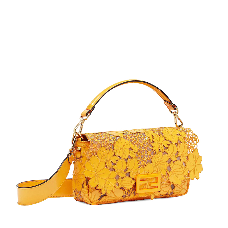 【包税】fendi/芬迪 21春夏新款 baguette系列 女士中号橙色刺绣漆皮