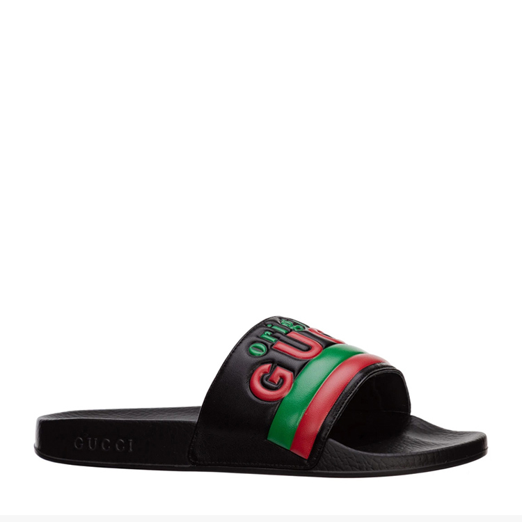 包税】gucci/古驰 男士黑色橡胶字母logo红绿条图案印花凉鞋拖鞋男鞋