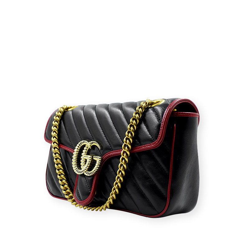 gucci/古驰新款gg marmont复古系列单肩链条中号小牛皮黑色女士斜挎包