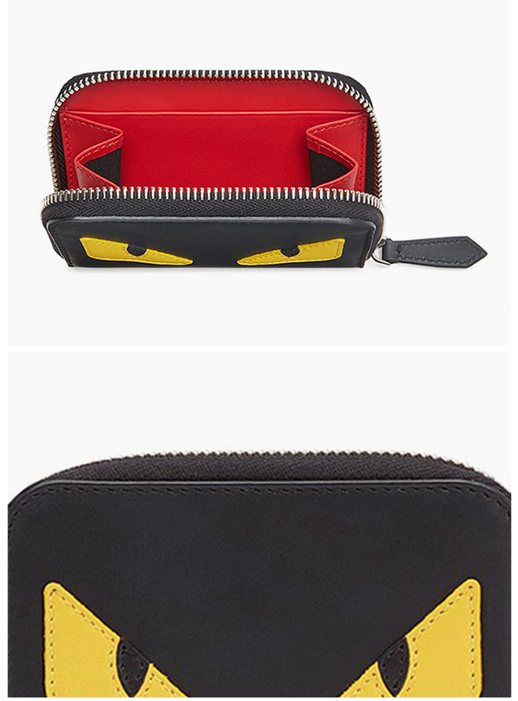 fendi/芬迪 钱包热卖款迷你号男女同款黑色黄眼小怪兽图案拉链钱夹