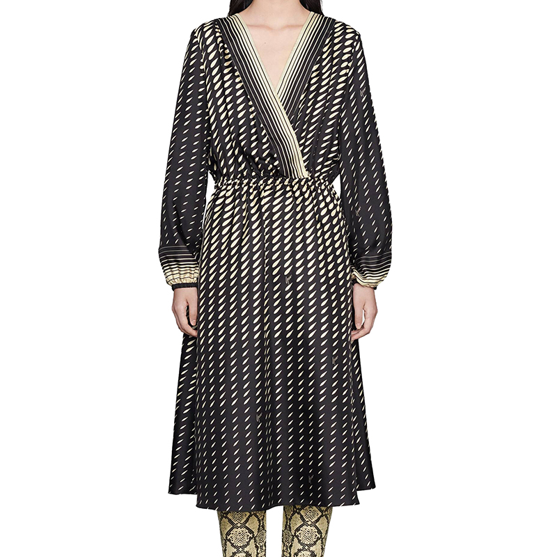 【包税】gucci/古驰 2021年新款 女士黑色和象牙色印花真丝连衣裙6434