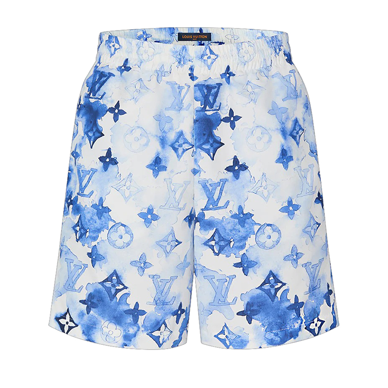 这些泳裤以海滨风格重现胶囊的海军蓝色monogram aquarelle图案.