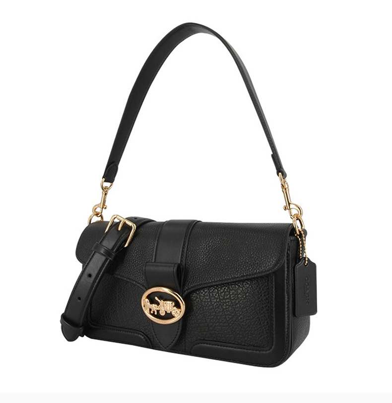 coach/蔻驰 女士中号黑色皮质经典马车徽标翻盖开合单肩包斜挎包手提