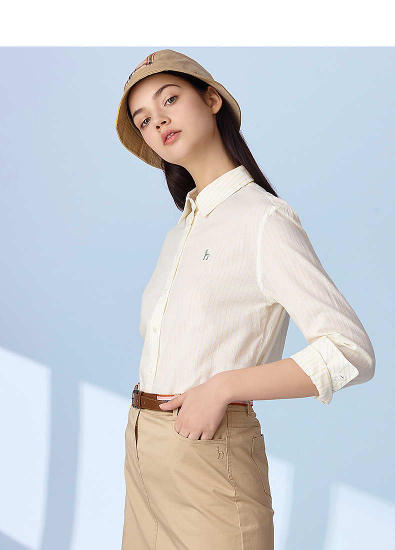 【商场同款】hazzys/哈吉斯 2021春季新款女士长袖衬衫条纹通勤休闲