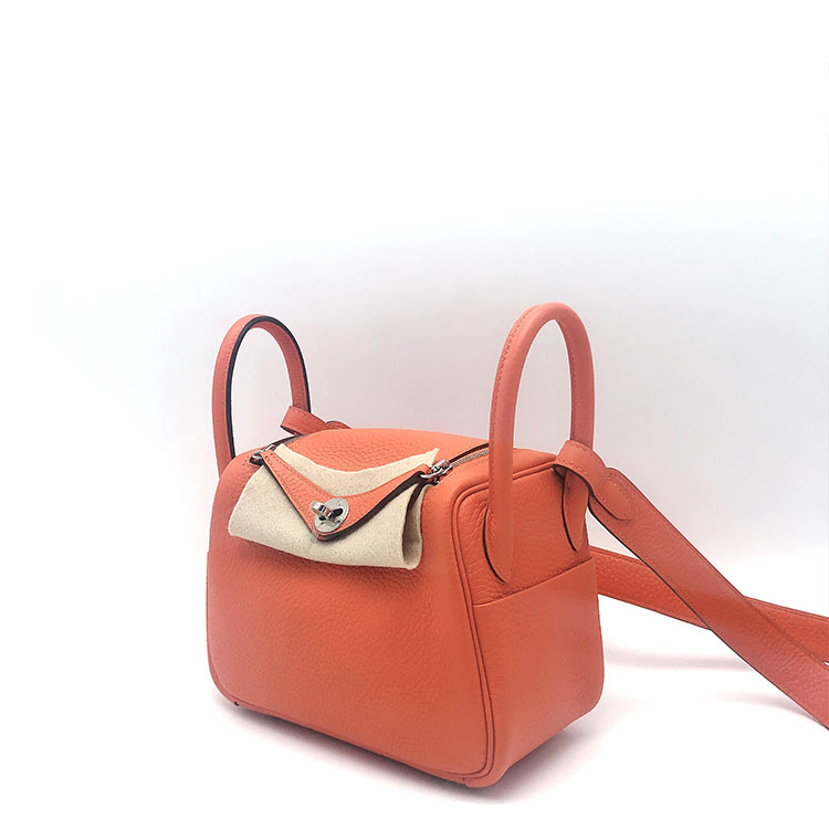 hermes/爱马仕 mini lindy 9t火焰橙 tc皮银扣y刻 单肩包