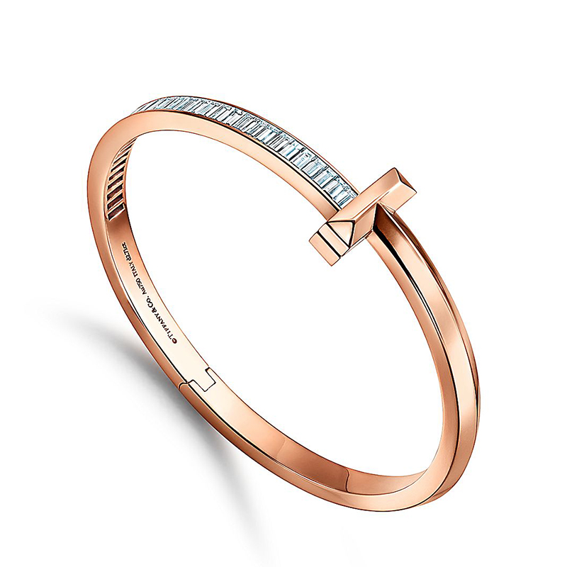 蒂芙尼 21春夏新款 t1系列 18k金玫瑰金长方形切割钻石铰链手镯 grp