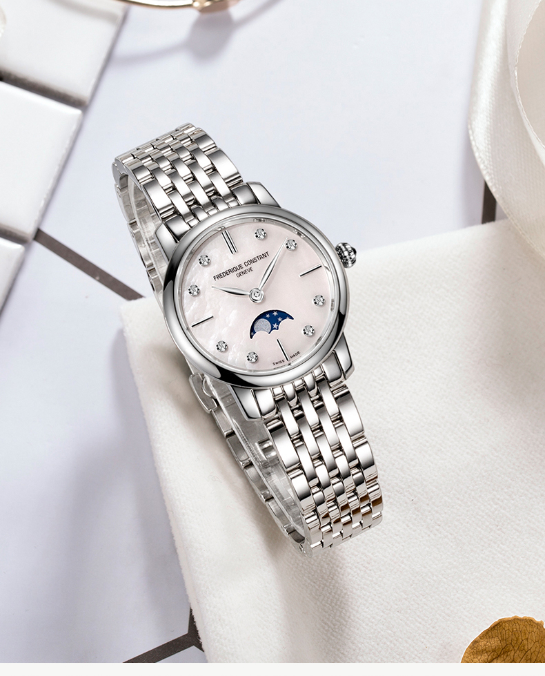 frederique constant/康斯登瑞士原装进口月相贝母表盘石英钢带女表fc