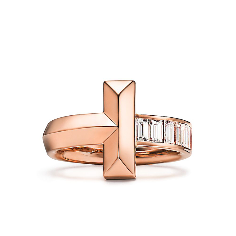 蒂芙尼 21春夏新款 t1系列 18k金玫瑰金长方形切割钻石戒指 grp11683