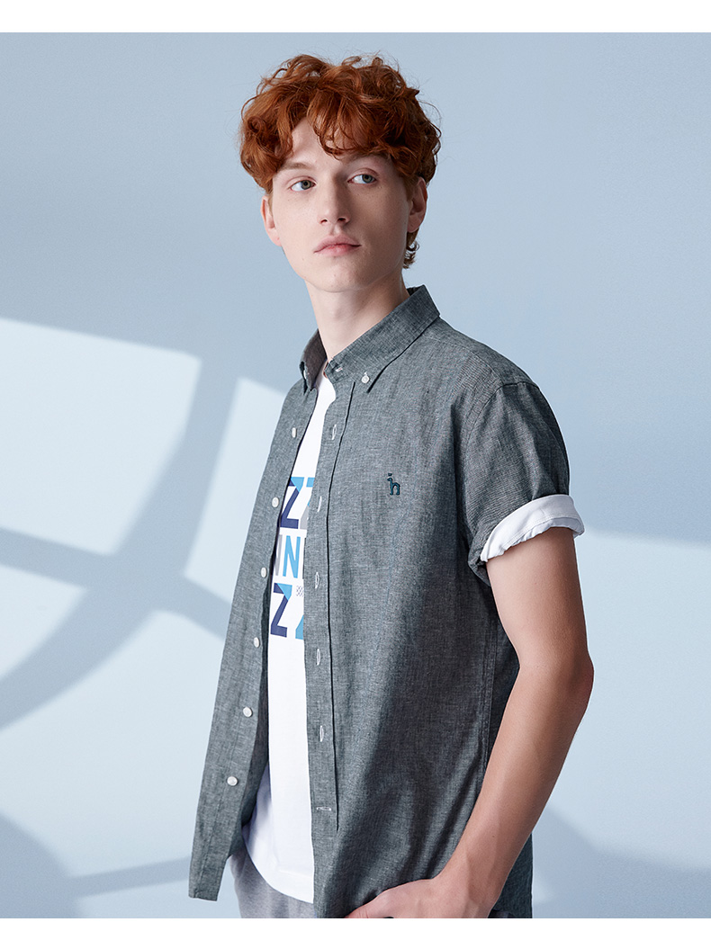 hazzys/哈吉斯 2019年春季新款纯色亚麻男士短袖衬衫棉衬衣休闲款atc