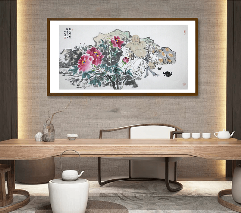 名家藏品/中美協名家/孫培增國畫《花開見佛時來運轉》/68x136cm/傳統