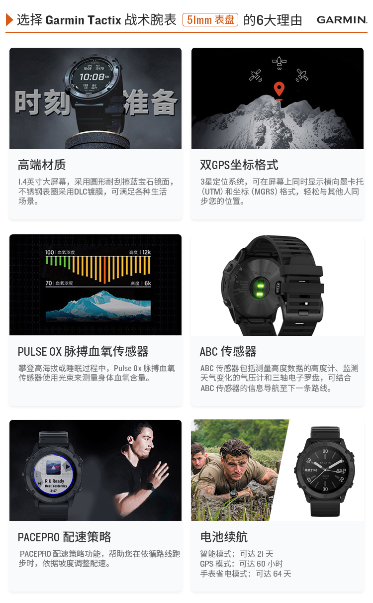 GARMIN/佳明Tactix Delta泰铁时蓝宝石镜面户外探险越野血氧运动手表三星定位隐蔽模式多功能战术腕表