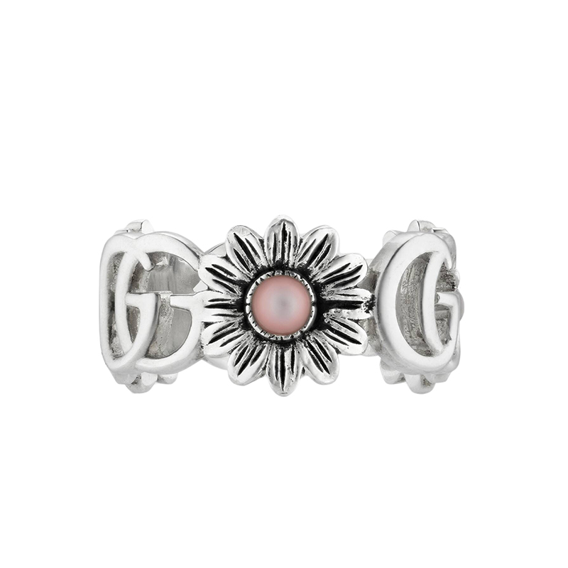 【包税】gucci/古驰 经典925纯银花朵镶嵌粉色珍珠母贝双g复古戒指