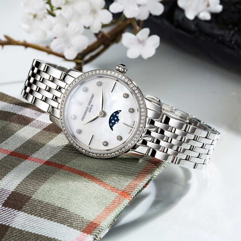 frederique constant/康斯登瑞士原装进口月相贝母表盘石英钢带女表fc