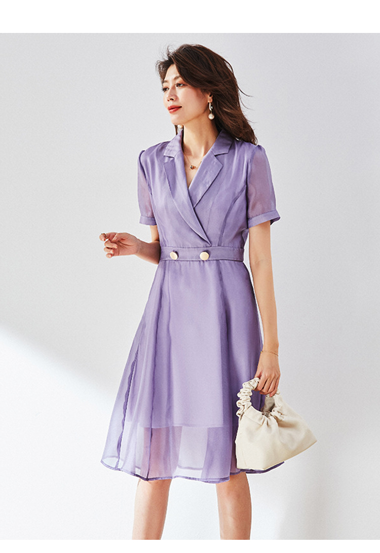 21春夏新款气质轻薄透气纱感西装领短袖收腰中长连衣裙 女装>女士裙装