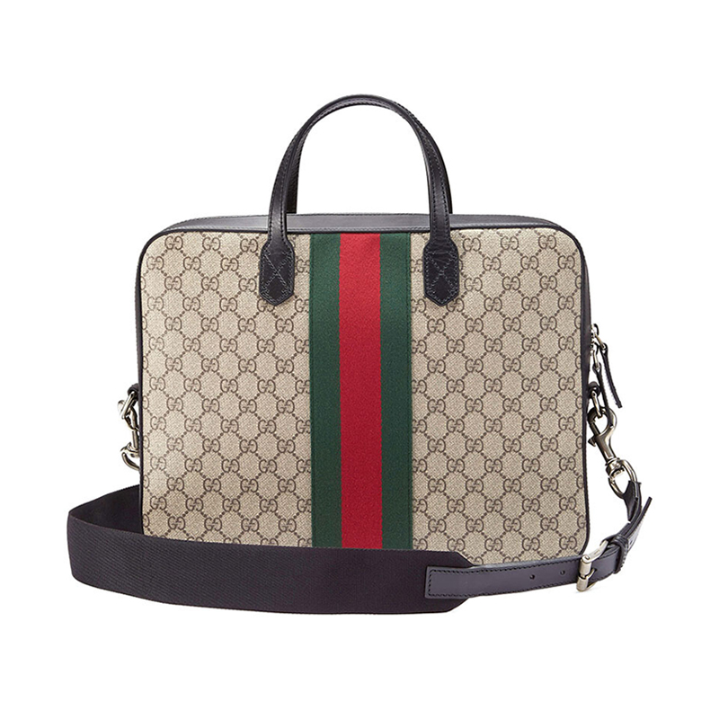 gucci/古驰 手提包经典款男士乌木色红绿织带gg图案帆布手提包公文包