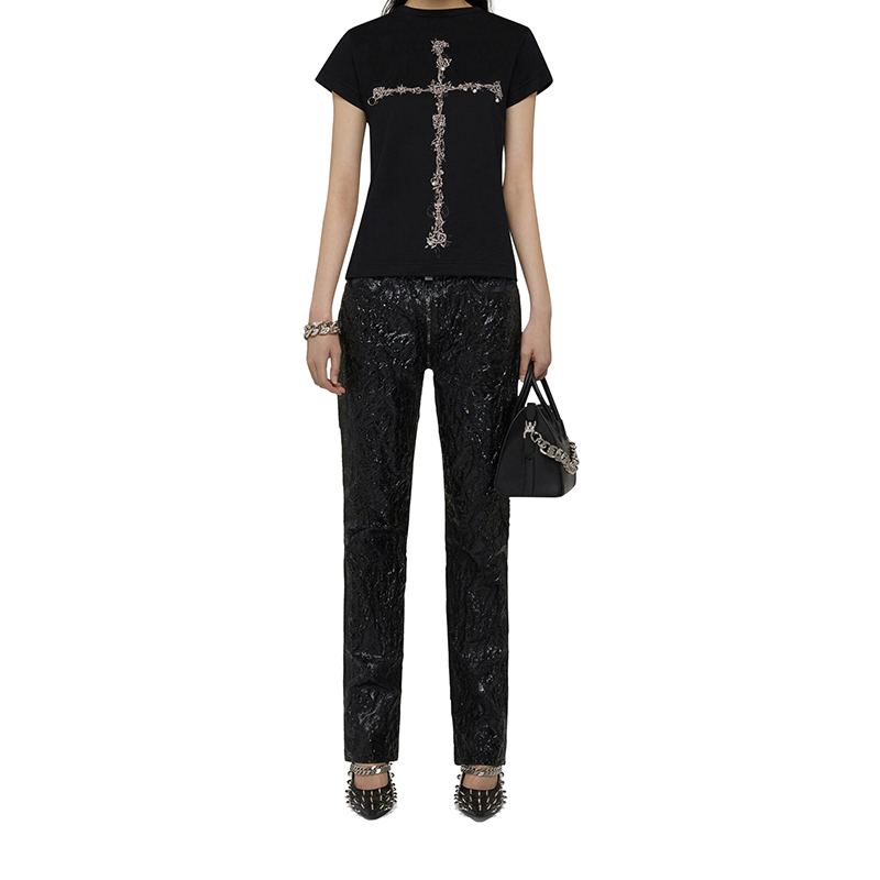 【包税】Givenchy/纪梵希 2021年新款 女士黑色棉质金属质感印花修身T恤BW707Y3Z54-001