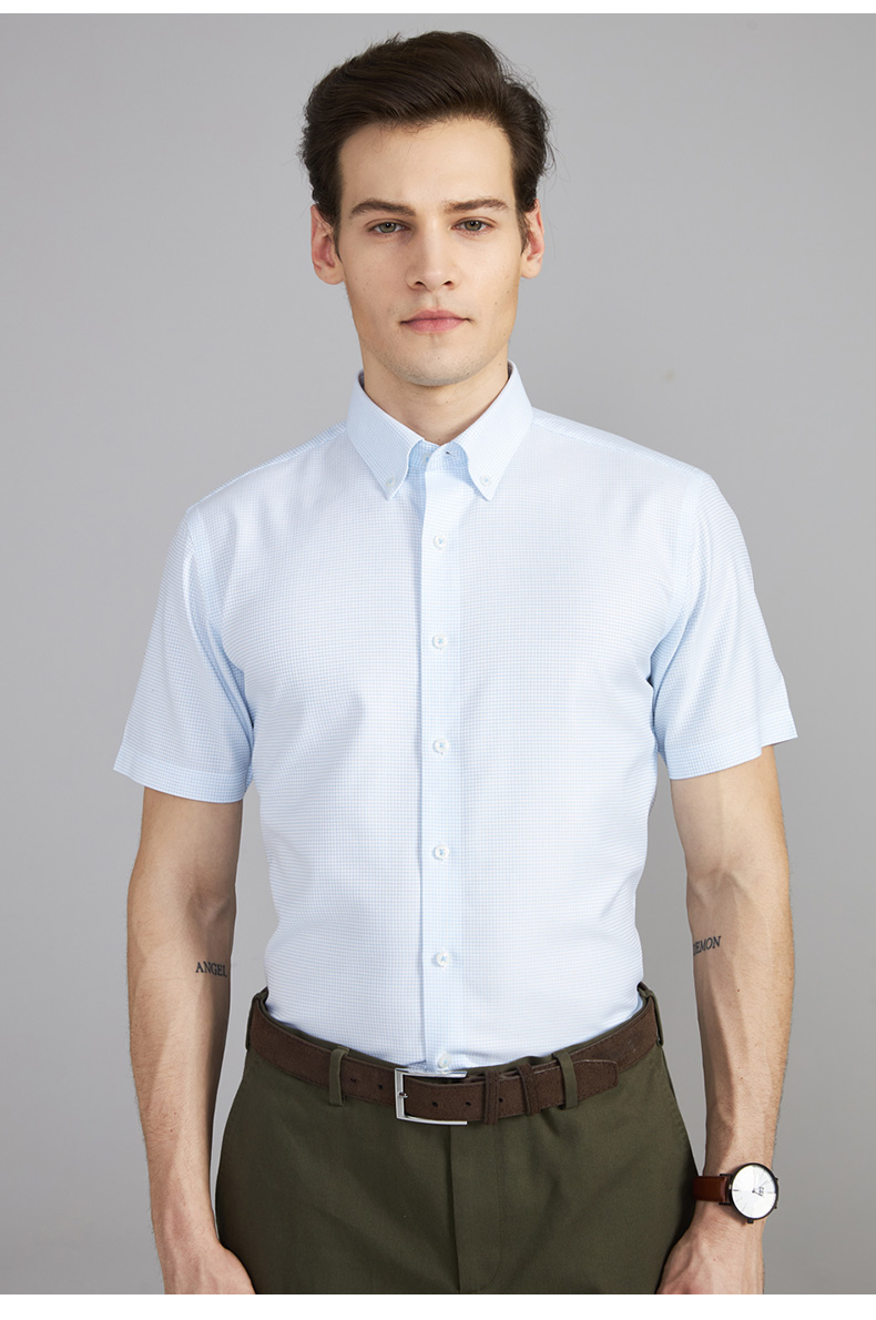 camicissima/恺米切夏季免烫提花男士短袖衬衫 浅蓝小细格纹休闲纽扣
