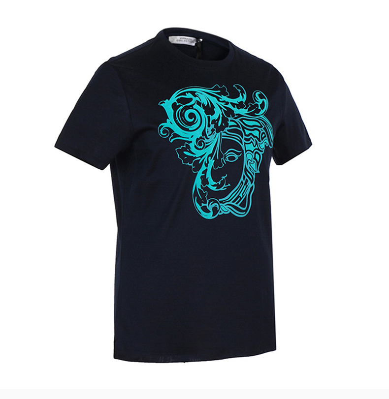 范思哲 男士 服装 深蓝色美杜莎印花图案圆领棉质t恤 男士短袖t恤