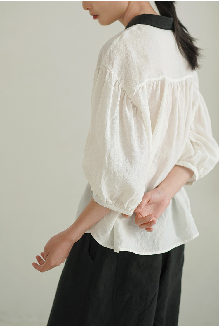 21年春夏新款亚麻衬衣女文艺休闲撞色衣领宽松棉麻衬衫 女装>女士
